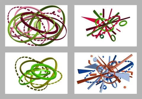 Volumetric multi-colored geometric shapes Abstract geometry. Set of 4 designs Stock Illustration
