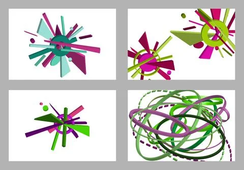 Volumetric multi-colored geometric shapes Abstract geometry. Set of 4 designs Stock Illustration