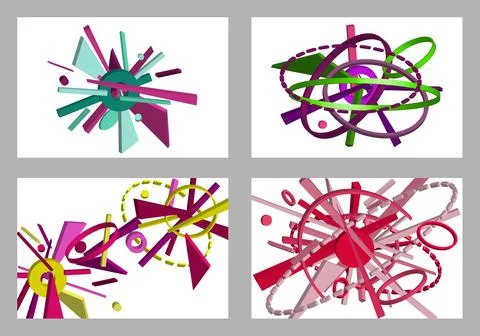 Volumetric multi-colored geometric shapes Abstract geometry. Set of 4 designs Stock Illustration