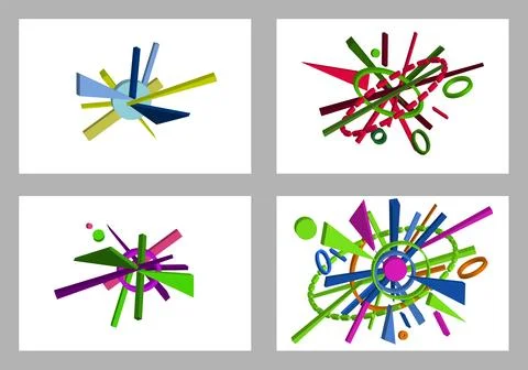 Volumetric multi-colored geometric shapes Abstract geometry. Set of 4 designs Stock Illustration