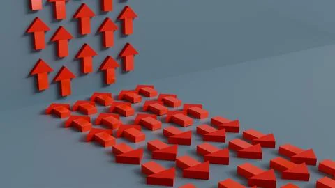 Volumetric red arrows pointing up and straight located in different planes .. Stock Illustration
