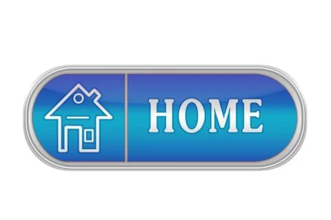 Voluminous blue button with the pictogram and the words HOME, white backgroun Ilustración de archivo