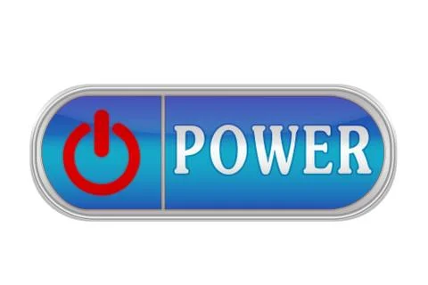 Voluminous blue button with the pictogram and the words POWER, white backgrou Ilustración de archivo