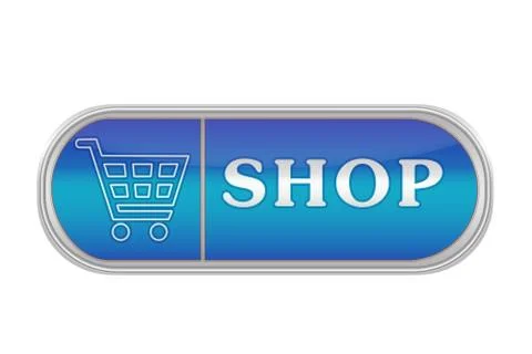 Voluminous blue button with the pictogram and the words SHOP, white backgroun Ilustración de archivo
