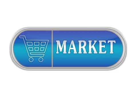 Voluminous blue button with the pictogram and the words MARKET, white backgro Ilustración de archivo