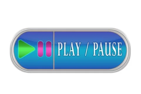 Voluminous blue button with the pictogram and the words PLAY, PAUSE, white ba Ilustración de archivo