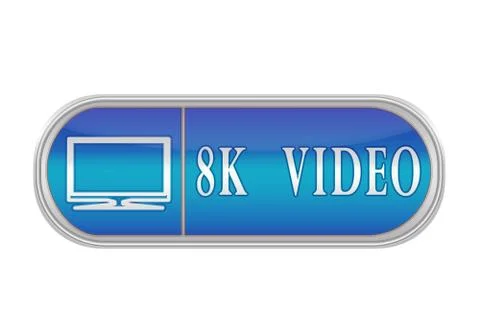 Voluminous blue button with the pictogram and the words 8K VIDEO, white backg Ilustración de archivo