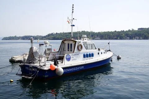Voluntary diving team boat at lake Garda, Italy Stock Photos