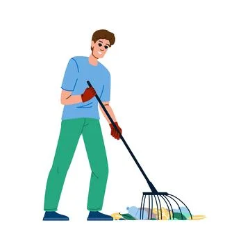 Volunteer cleaning up garbage with rake, protecting environment Stock Illustration