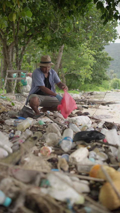 Volunteer collecting plastic trash from a polluted tropical beach 動画素材 343574085