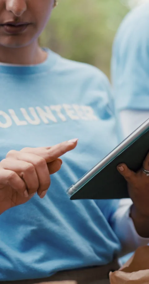 Volunteer, count or hands in park with tablet, inspection or package checklist Stock Footage 321940711