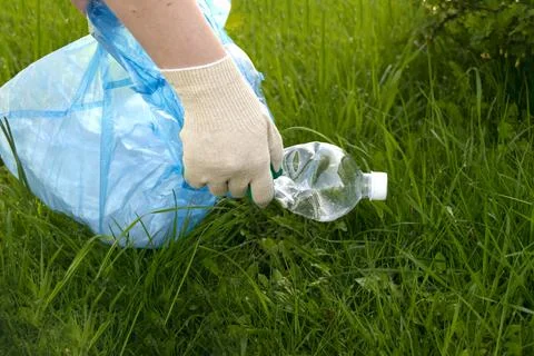 Volunteer hand pick empty plastic bottle are lying on the grass Stock Photos