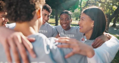 Volunteer, huddle and unity with group, outdoor and solidarity for community Stock Footage 346116245