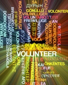Volunteer multilanguage wordcloud background concept glowing Stock Illustration