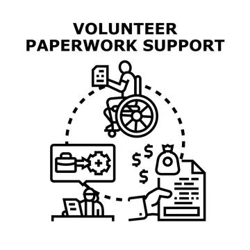 Volunteer paperwork support assisting disadvantaged people with documents Illustrazione stock