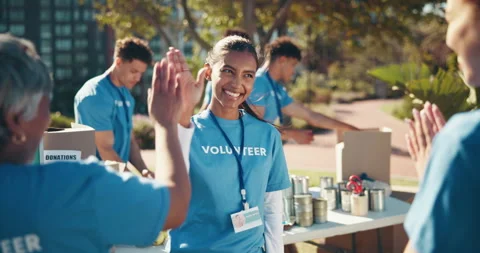 Volunteer, people and high five with success outdoor for charity event, ngo Stock Footage 294608822
