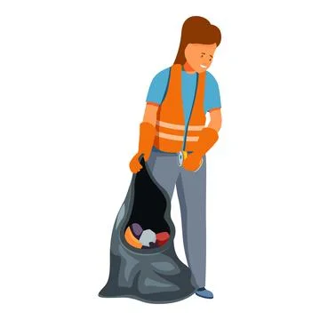Volunteer picking up trash into garbage bag for recycling in park or street.. Stock Illustration