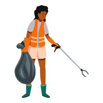 Volunteer picking up trash with grabber tool and garbage bag Stock Illustration