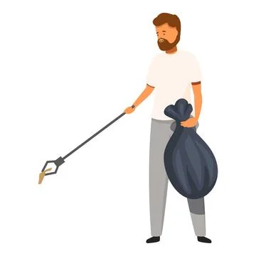 Volunteer picking up trash with grabber tool and garbage bag Stock Illustration