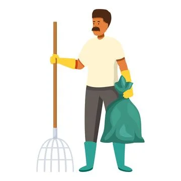 Volunteer picking up trash with rake and garbage bag Stock Illustration