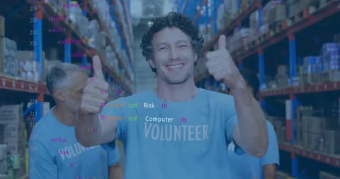 Volunteer pointing logo showing security code overlay while team sorting boxes Stock Footage 311216771