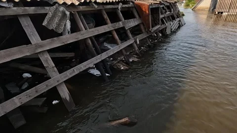 Volunteer trying to rescue scared cat from the roof of house after detonation of Stock Footage 302584468
