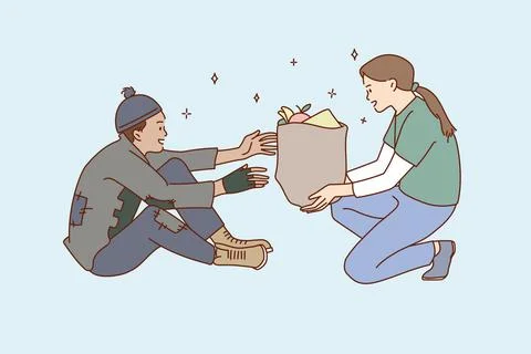 Volunteer woman give food donation pack to homeless person Stock Illustration