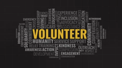 Volunteer Word Cloud Typography Motion Graphic Background on Dark Grid Stock Footage 341664920