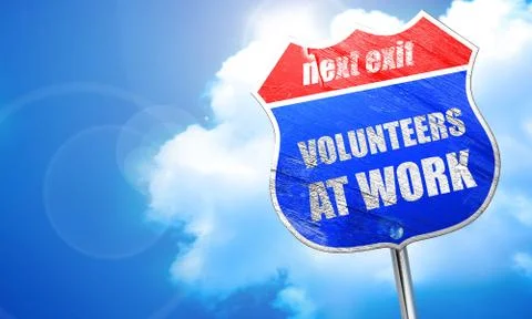 Volunteer at work, 3D rendering, blue street sign Stock Illustration