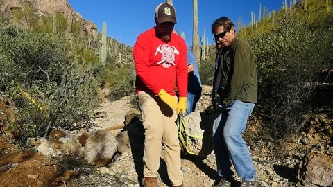 Volunteer workers move a large boulder while building a trail Stock Footage 71940253