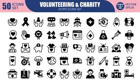 Volunteering and charity web icons in glyph style collection.Donate, donor,.. Stock Illustration