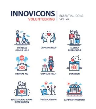 Volunteering - modern vector line design icons set. Stock Illustration