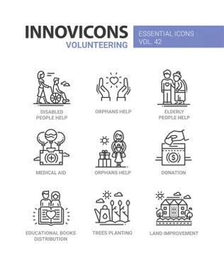 Volunteering - modern vector line design icons set. Stock Illustration