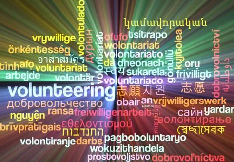 Volunteering multilanguage wordcloud background concept glowing Stock Illustration