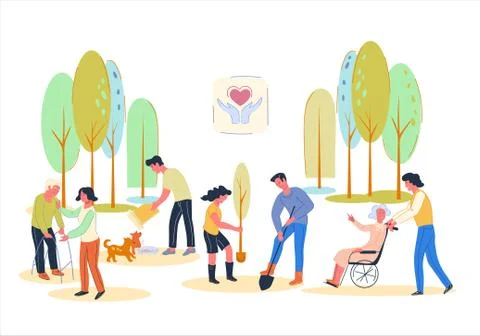 Volunteers busy with socially useful work - helping elderly people, planting. Stock Illustration