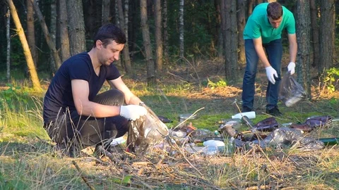 Volunteers clean up garbage in forest Stock Footage 118319062