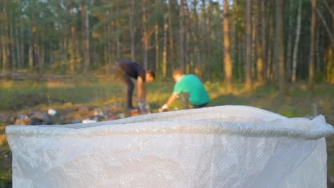 Volunteers clean up garbage in forest Stock Footage 118319148