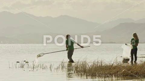Volunteers collecting recycling and trash garbage on remote grassy lake shore Stock Photos