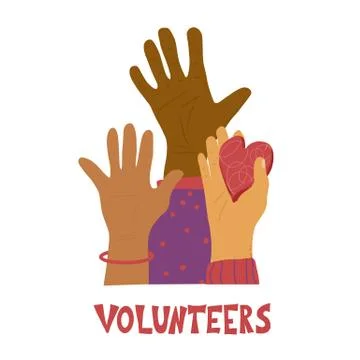 Volunteers emblem. Different hands in flat style. Vector illustration. Stock Illustration