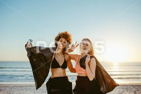 Volunteers with garbage bag Stock Photos