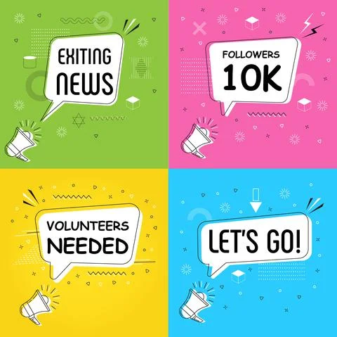 Volunteers needed in bubble vector on bright yellow background. Exiting news  Stock Illustration