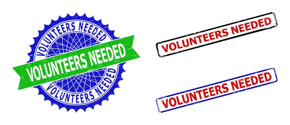 VOLUNTEERS NEEDED Rosette and Rectangle Bicolor Seals with Unclean Surfaces Stock Illustration