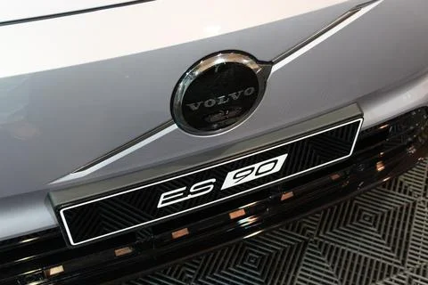 Volvo ES90 EV front shield logo and model plate close-up at ECAR Show 2026 Stock Photos