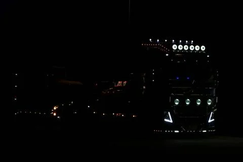 Volvo FH Truck Lights in Darkness SALO, FINLAND - OCTOBER 21, 2016: Headli... Stock Photos