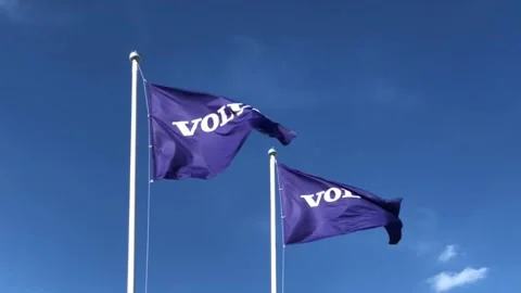 Volvo Flags Fluttering In The Wind Against A Blue Sky Video stock 132884140