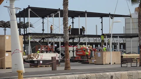 Volvo Ocean Race event setup, building in harbour front Stock Footage 44306108