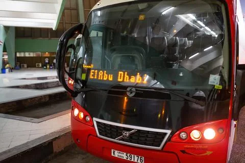Volvo route bus E1 from Dubai to Abu Dhabi Stock Photos