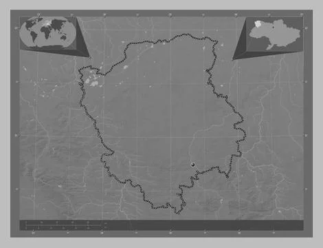 Volyn, Ukraine. Grayscale elevation map with lakes and rivers Illustrazione stock