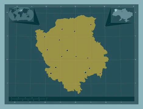 Volyn, Ukraine. Solid color shape. Locations of major cities of the region Stock Illustration