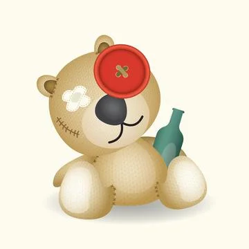Voodoo bear Doll drunken made from sackcloth hug a bottle of liquor vector .. Stock Illustration